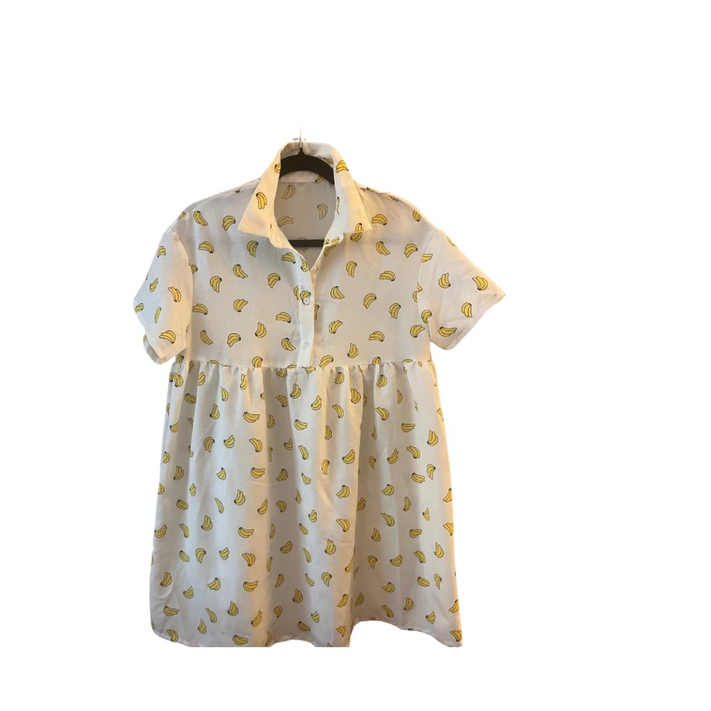 Garden Girl: White Babydoll Dress with Yellow Banana Print 🍌